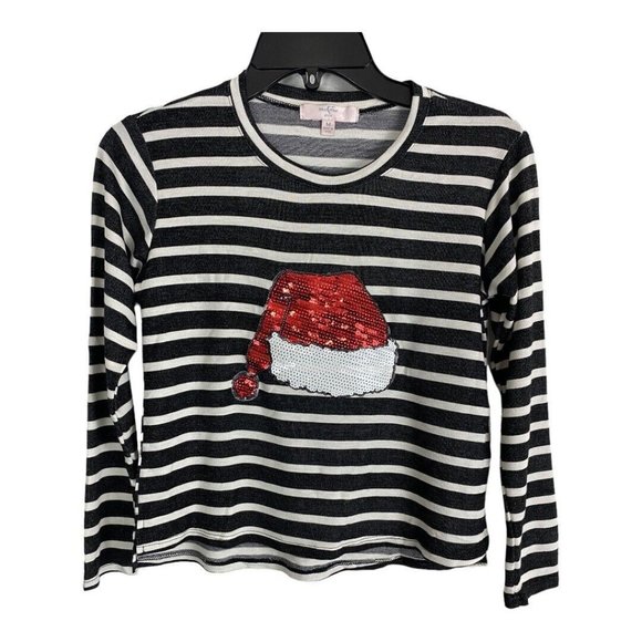 Mao Moa Kids Youth Shirt Size Medium Black Striped Santa Sequin Holiday NEW - Picture 1 of 6